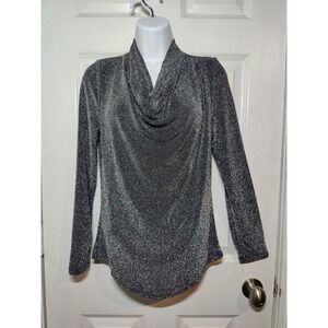 Joan Voss Sparkly‎ Gray Cowl Neck Long Sleeve Dressy Blouse Top Stretch S NWT